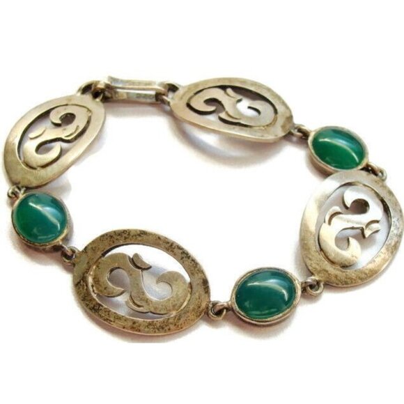 7.50" "S" Monogram Green Onyx Vintage Bracelet 925 Sterling Silver Patina 25.80g - Picture 1 of 11